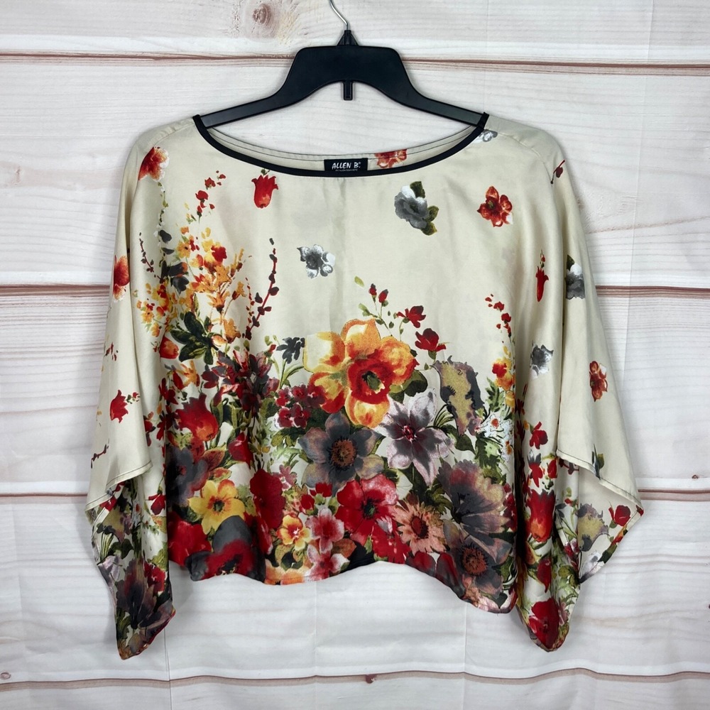 Allen B Top Womens M Multicolor Floral Blouse Satin Poncho Boat Neck Pullover